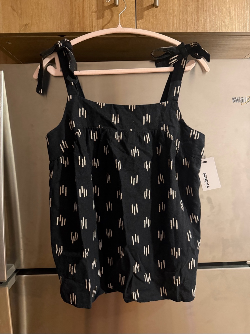 SONOMA Black Tie-Shoulder One-Piece with Ivory Dash Print